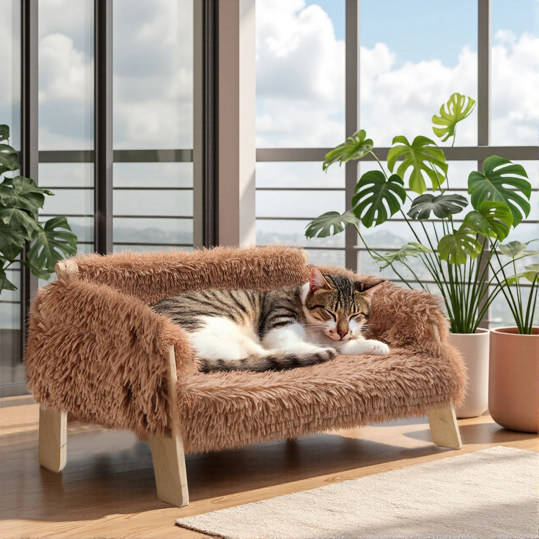 Large Wooden Leg Raised Plush Pet Sofa