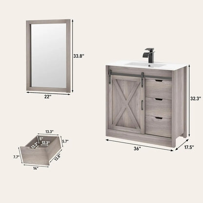 36 Bathroom Vanity Sink Faucet Mirror Farmhouse Cabinet Barn Door Drawers Bath Storage Grey, Custom