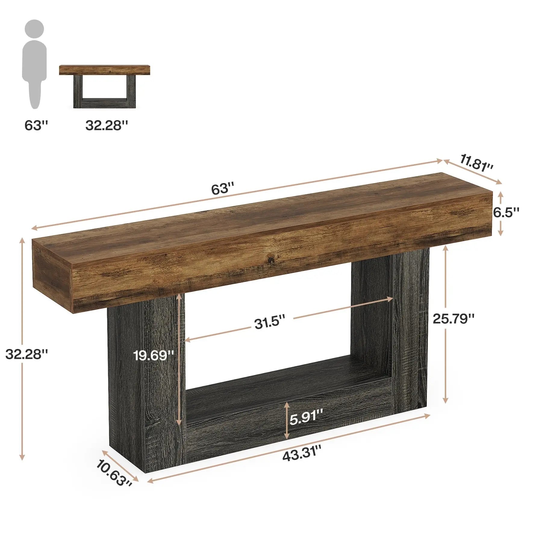 LITTLE TREE 63 Inch Farmhouse Style 2-Tier Table