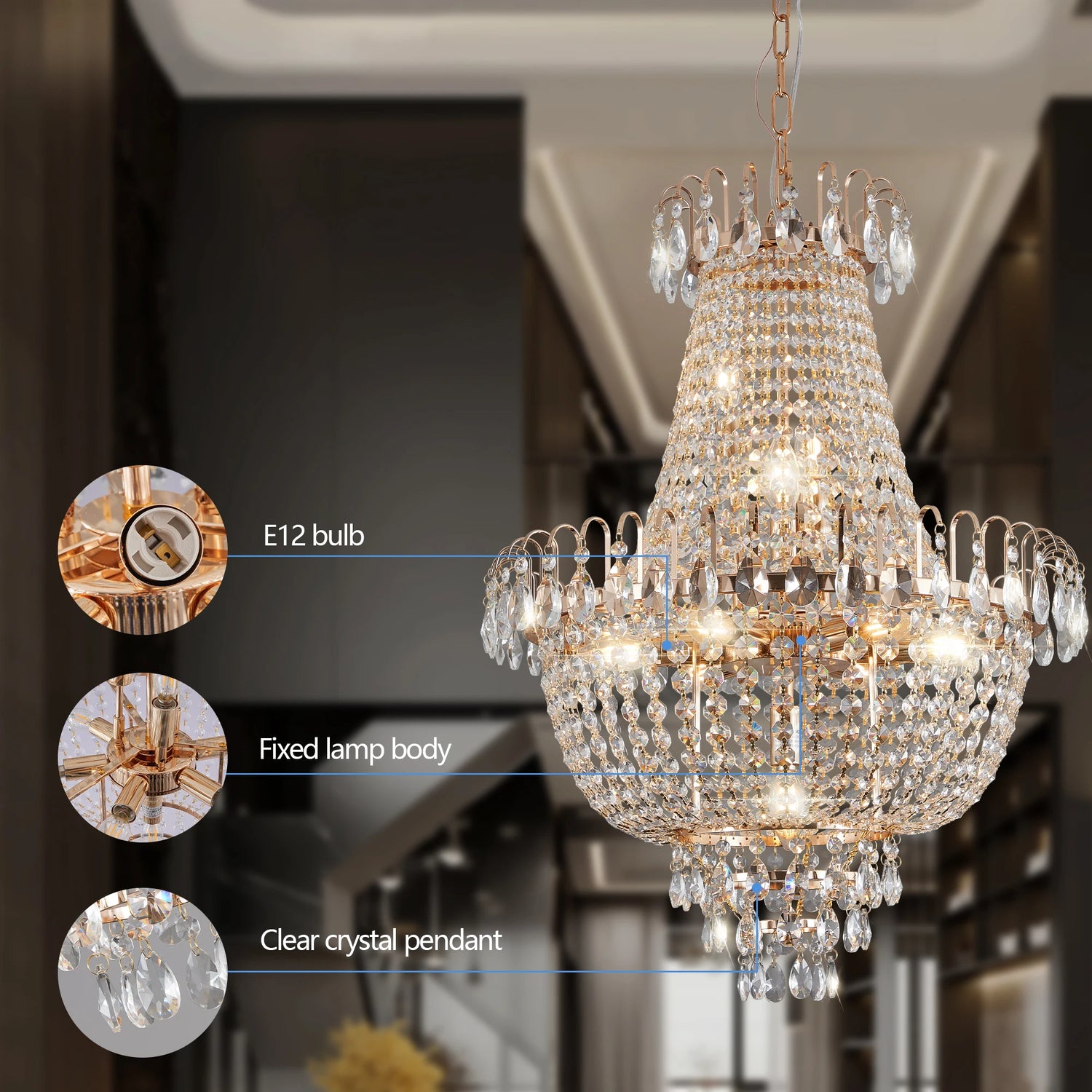 ARLGSITE Luxury Gold Crystal Chandelier