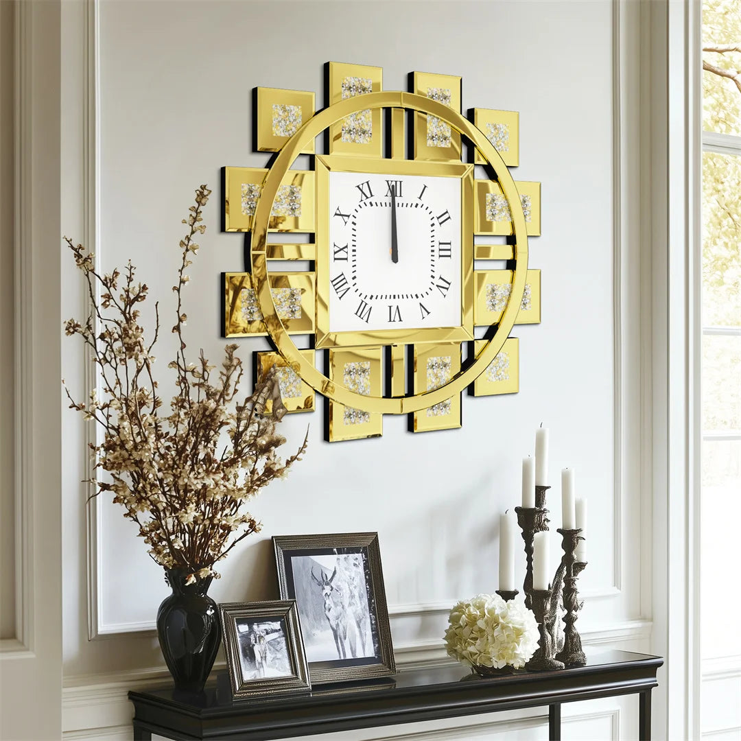 Decorative Wall Clock in Silver or Gold with Crushed Crystal Inlay