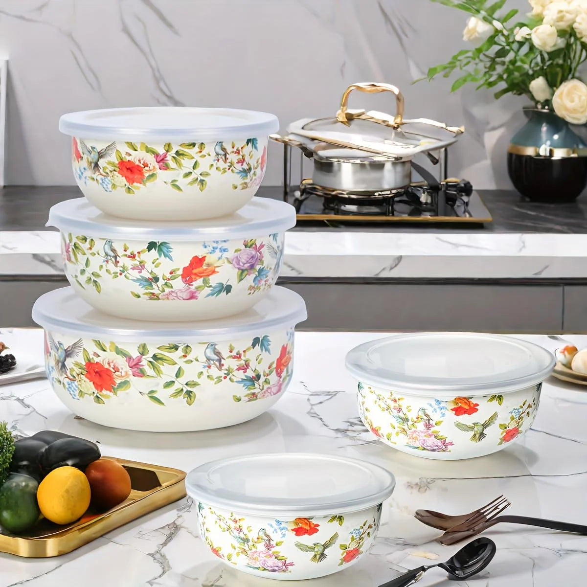 5-Piece Vintage Style Enamel Mixing Bowls with Lids