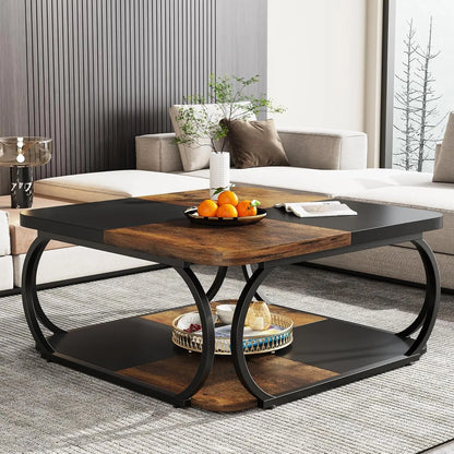Square Coffee Table with 2 Tiers, 40 inches Low Farmhouse Coffee Table with Wood Storage Shelf for Modern Living Room