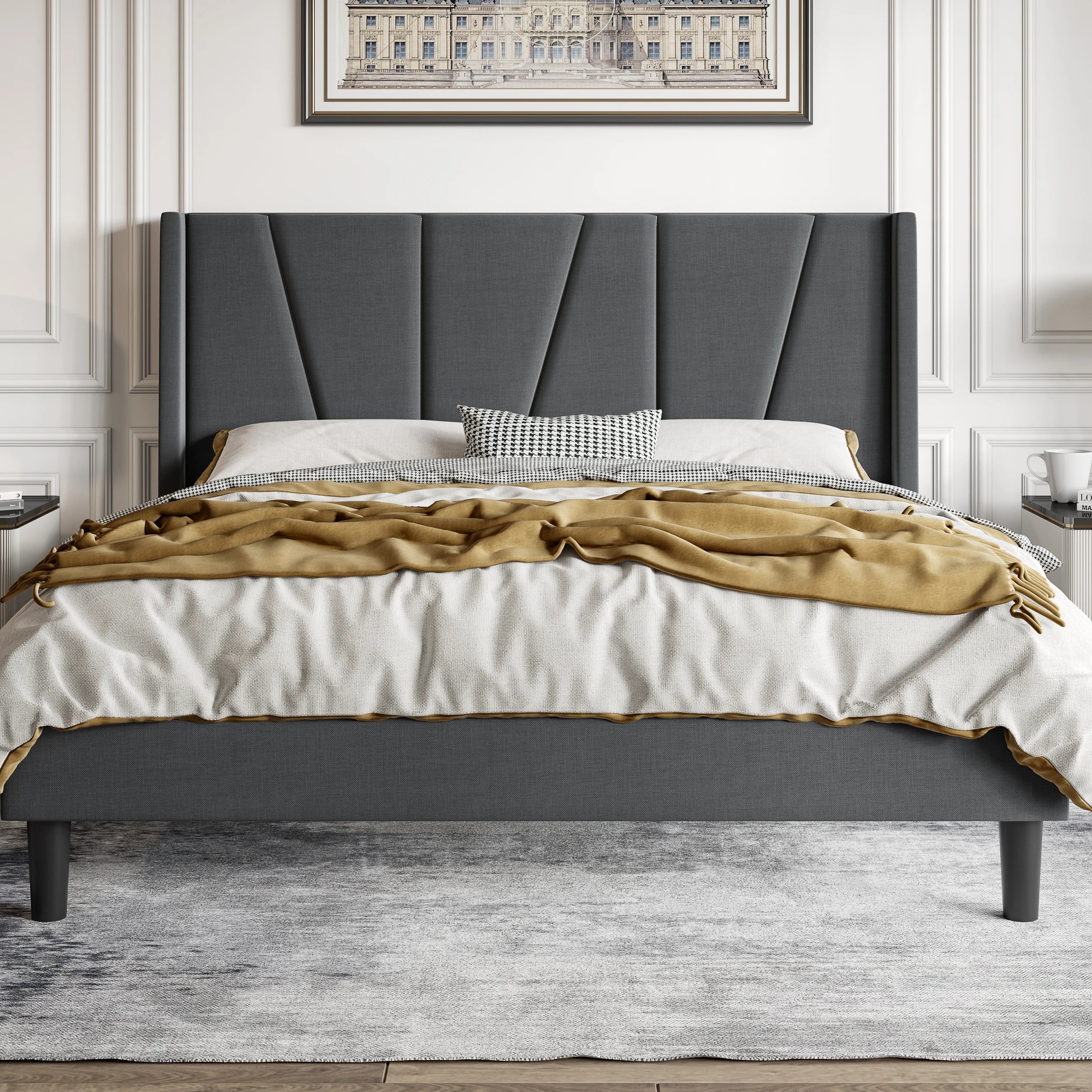 Platform Bed Frame with Geometric Wingback Headboard