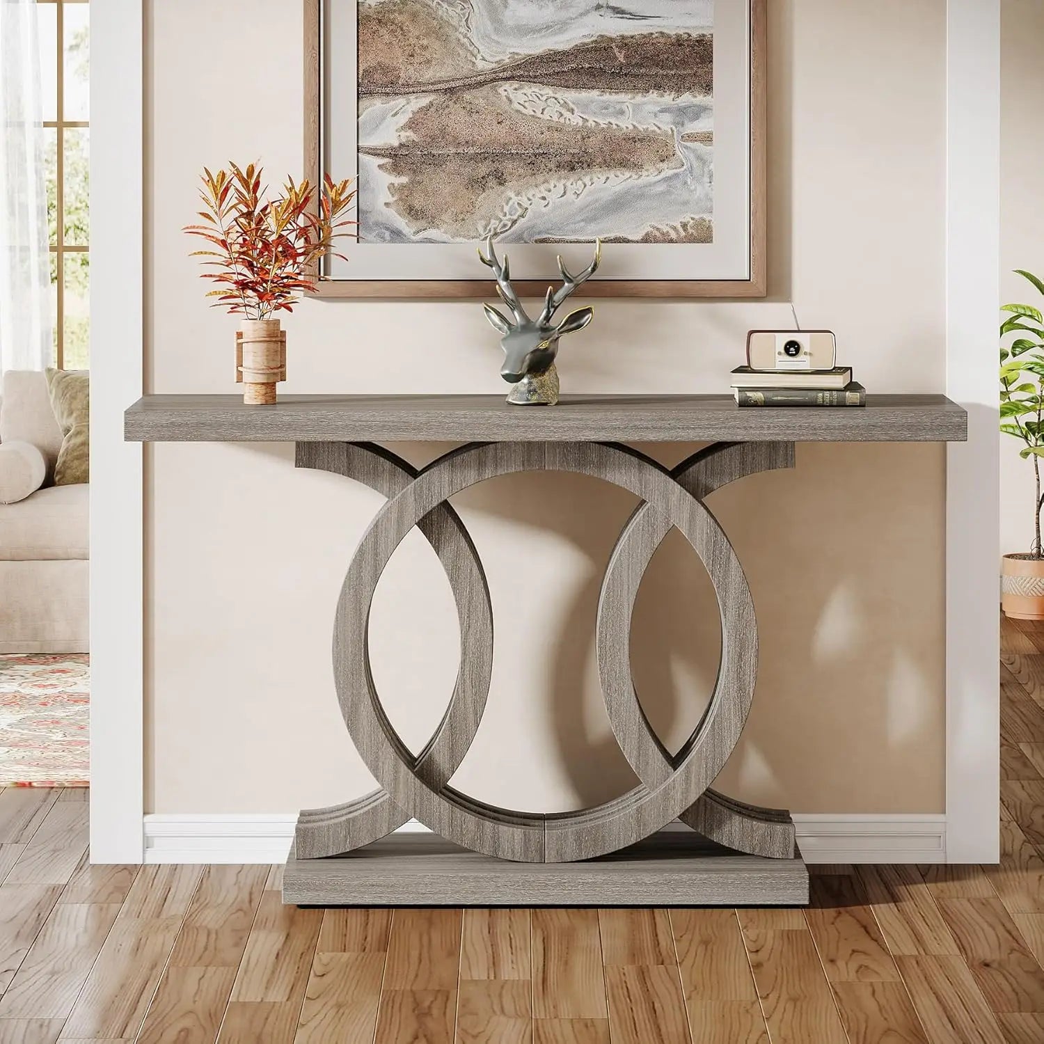 55 Inch Modern Design Console Table with Geometric Wood Base