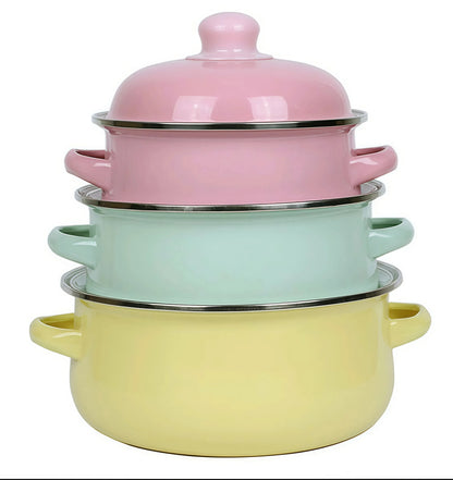 3Pcs Vintage Enamel Stock Pot Set with Lid,34oz/51oz/68oz Retro Flower Cooking Pot, Flat Bottom Stew Pot with Dual Handles for Induction &amp; Gas Stove Kitchen Use