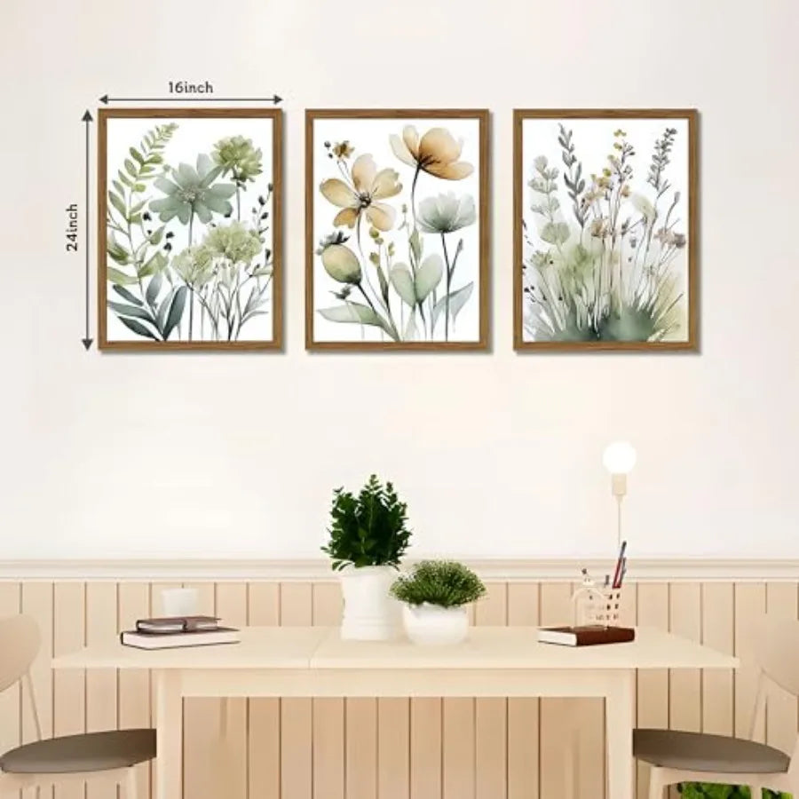 Set of 3 Boho Style Sage Green Botanical Wall Art