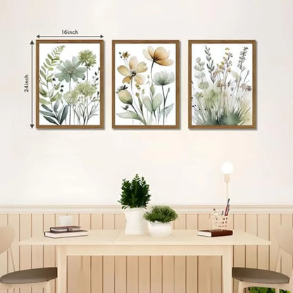 Set of 3 Boho Style Sage Green Botanical Wall Art