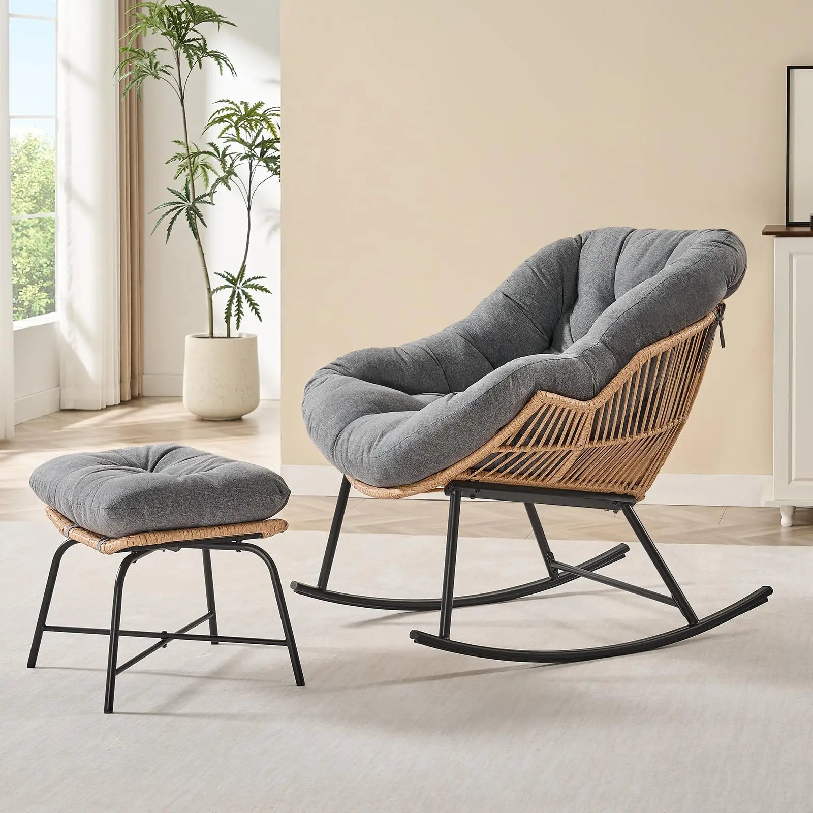 Oversized Wicker Papasan Rocking Chair with Ottoman