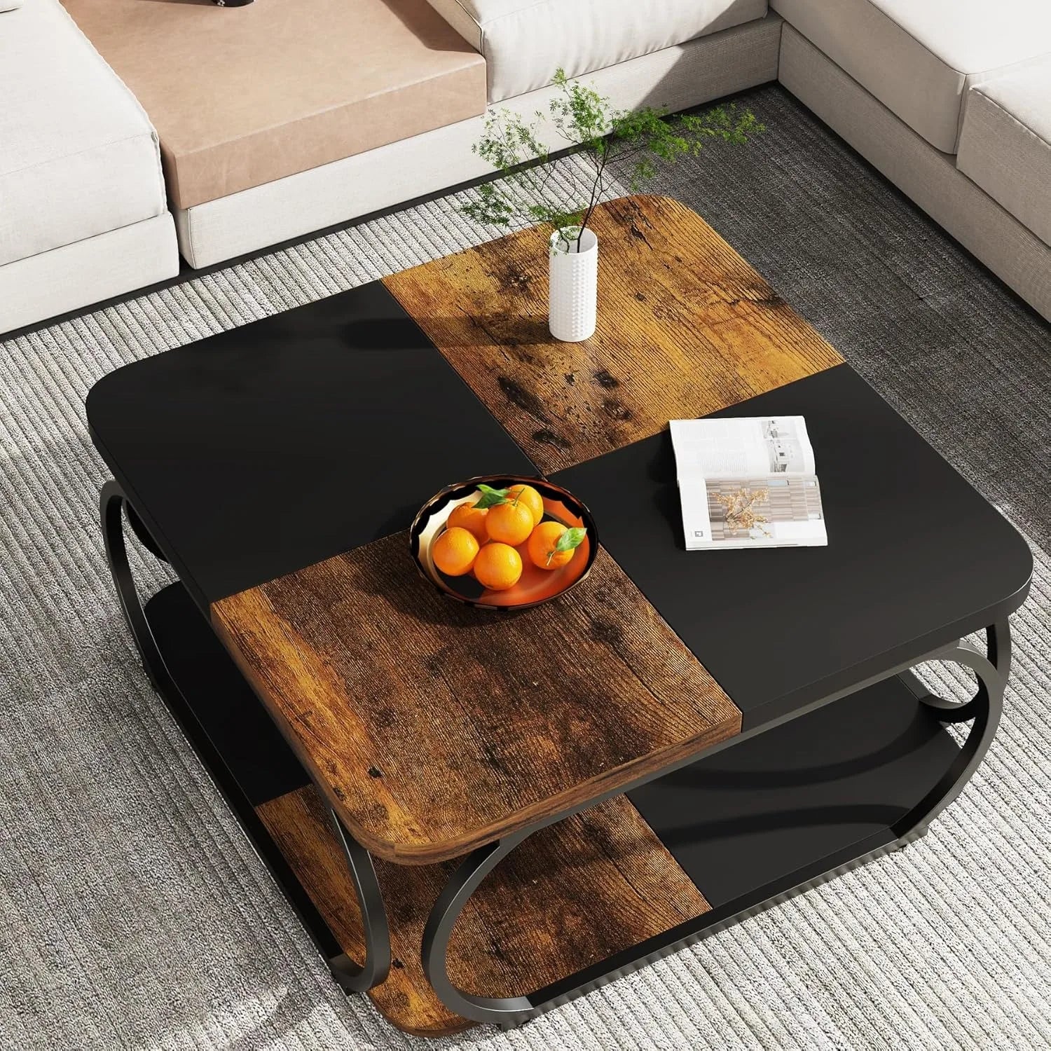 Square Coffee Table with 2 Tiers, 40 inches Low Farmhouse Coffee Table with Wood Storage Shelf for Modern Living Room