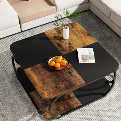 Square Coffee Table with 2 Tiers, 40 inches Low Farmhouse Coffee Table with Wood Storage Shelf for Modern Living Room