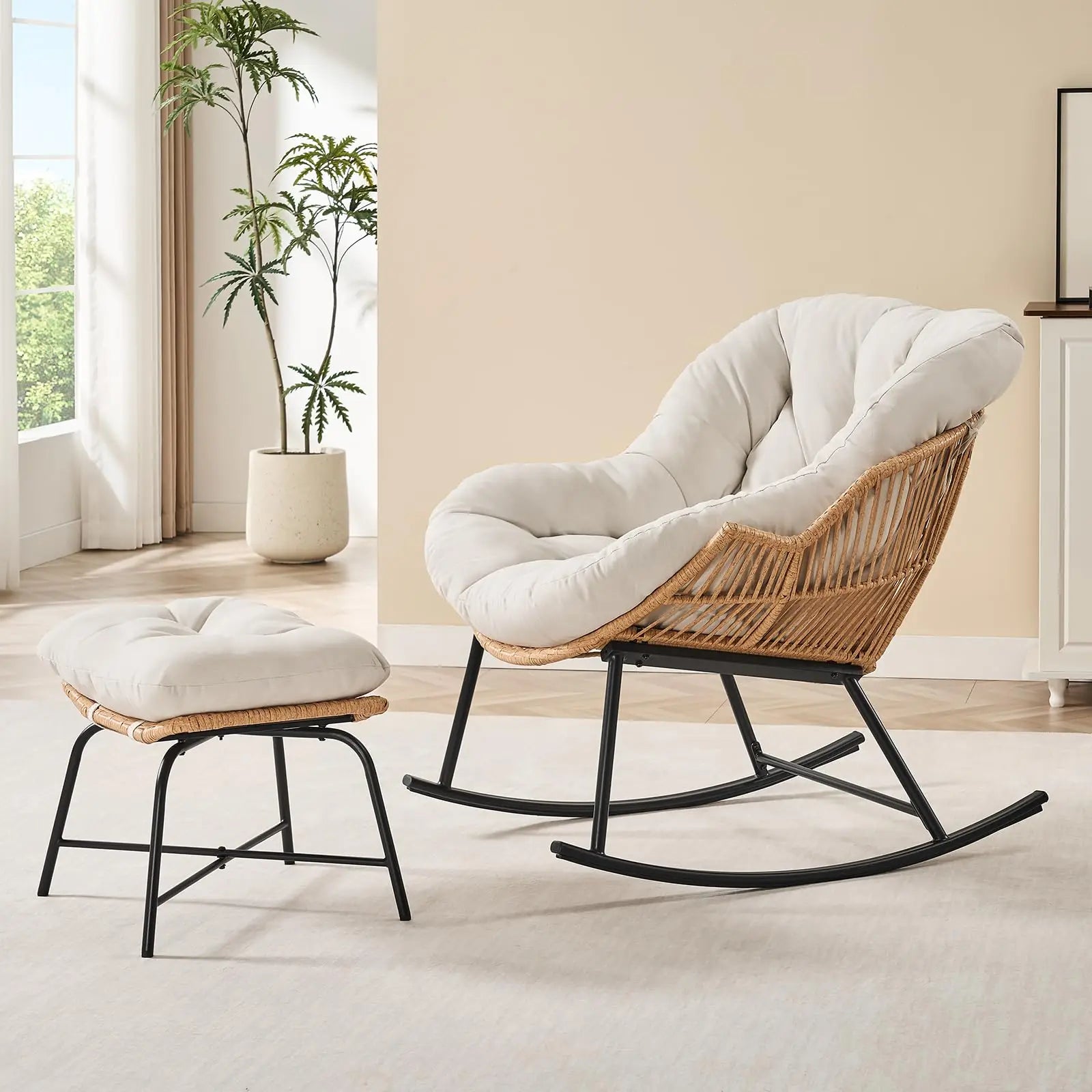Oversized Wicker Papasan Rocking Chair with Ottoman