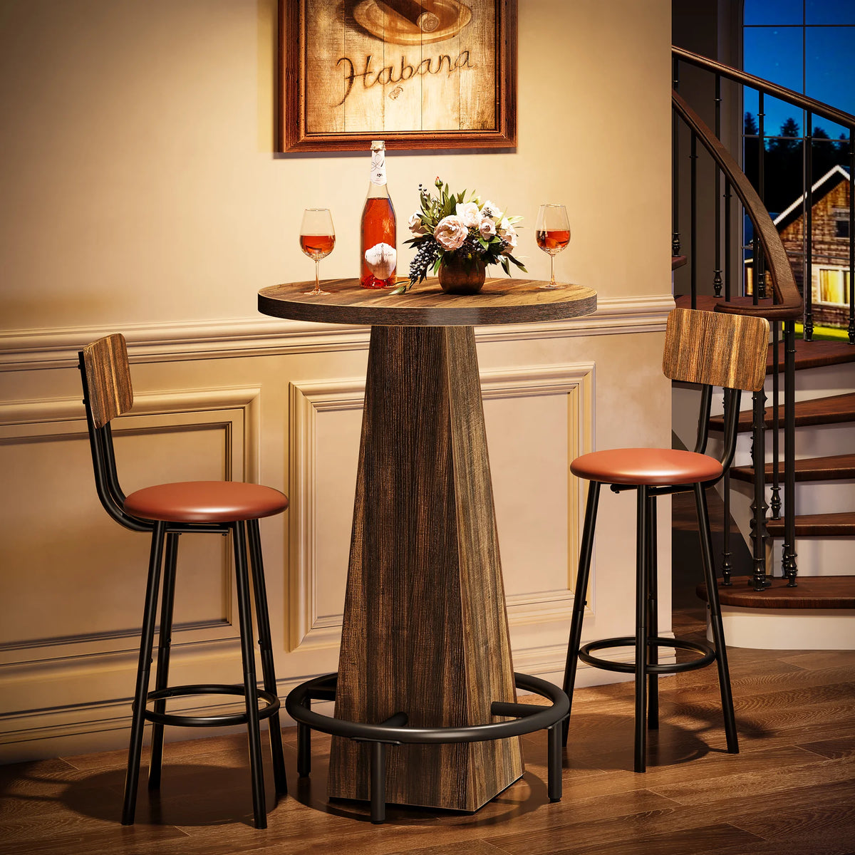 Tribesigns Round Bar Table 37" | Rustic Pub Table with Metal Footrest