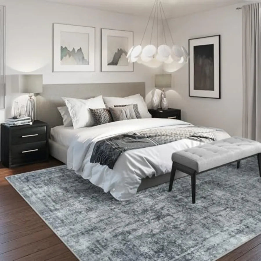 10x14 Vintage Abstract Washable Rug In Black and Grey