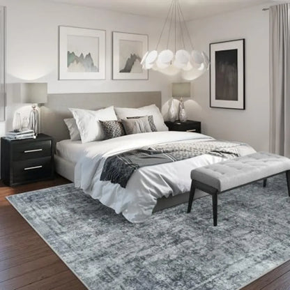 10x14 Vintage Abstract Washable Rug In Black and Grey