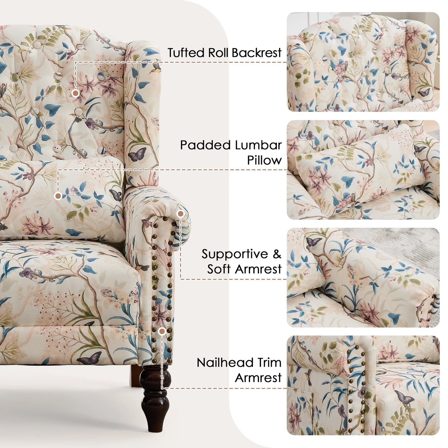 TCGBKAF Vintage Floral Fabric Wingback Accent Chair, Mid-Century Modern Upholstered Armchair, Mid Back Single Club Sofa Chair with Arms for Home