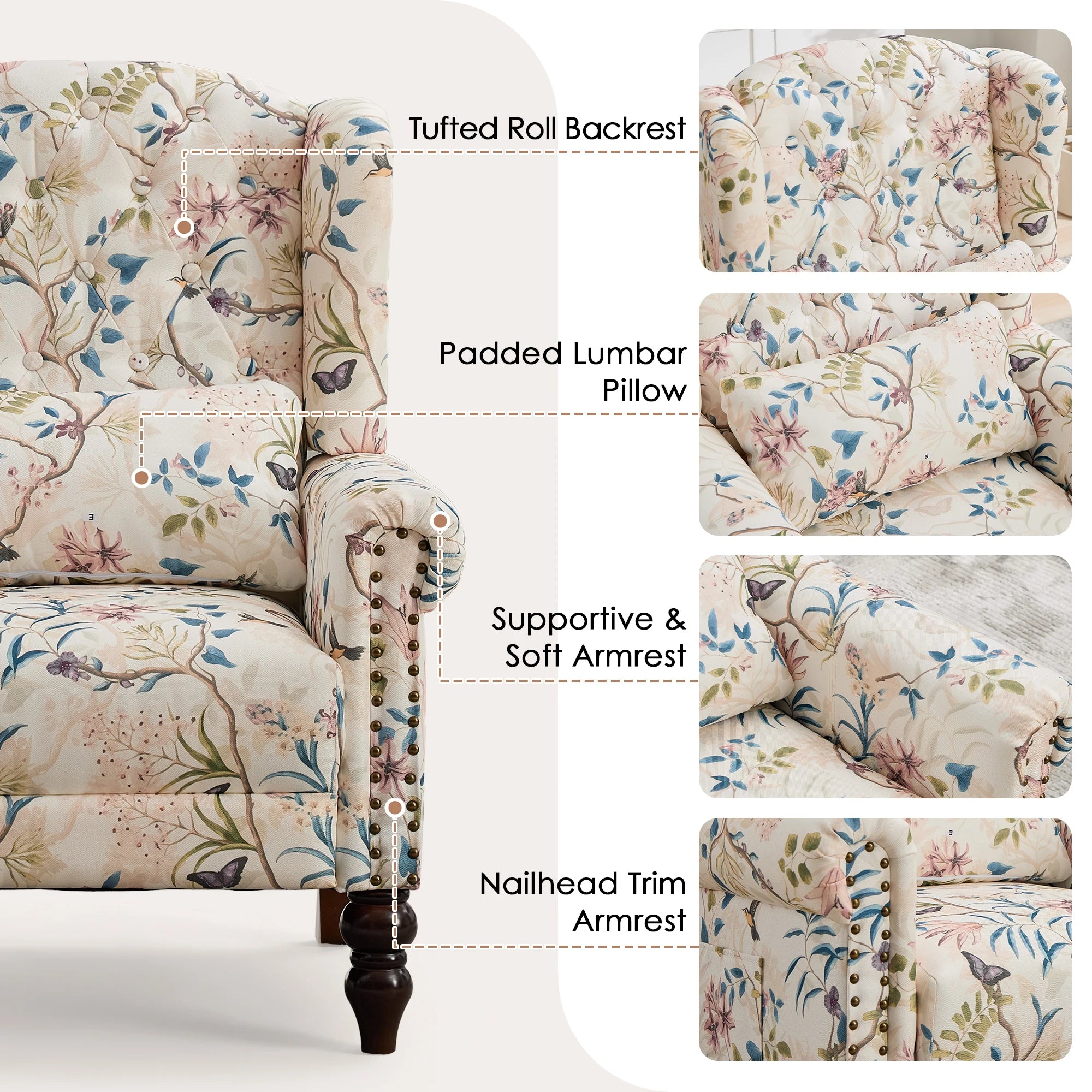 TCGBKAF Vintage Floral Fabric Wingback Accent Chair, Mid-Century Modern Upholstered Armchair, Mid Back Single Club Sofa Chair with Arms for Home
