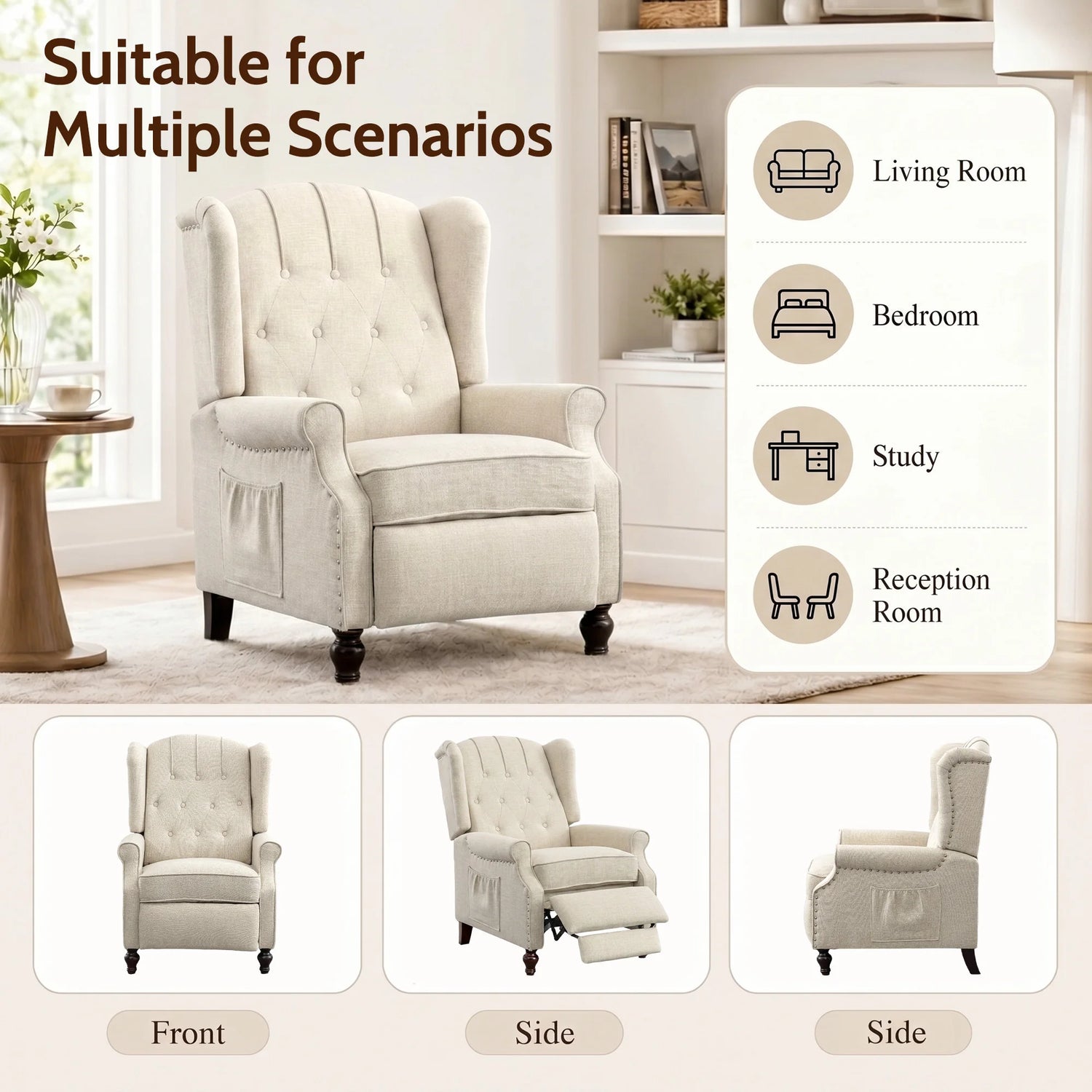 TCGBKAF Mid-Century Wingback Recliner with Massage &amp; Heat