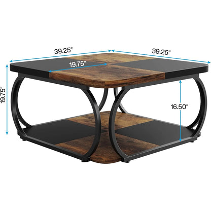 Square Coffee Table with 2 Tiers, 40 inches Low Farmhouse Coffee Table with Wood Storage Shelf for Modern Living Room