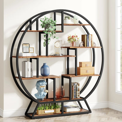 Tribesigns Bookshelf, Round Bookshelves Etagere Bookcase, 63-Inch Industrial Wood Book Shelf with Staggered Shelves