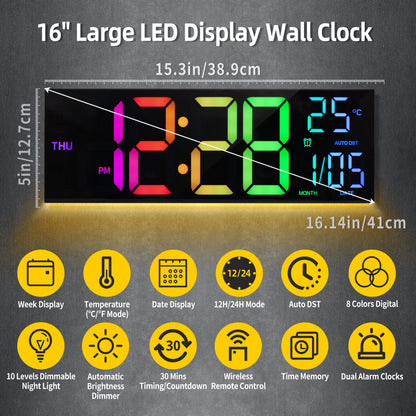 Large Digital Wall Clock, LED Display with Remote