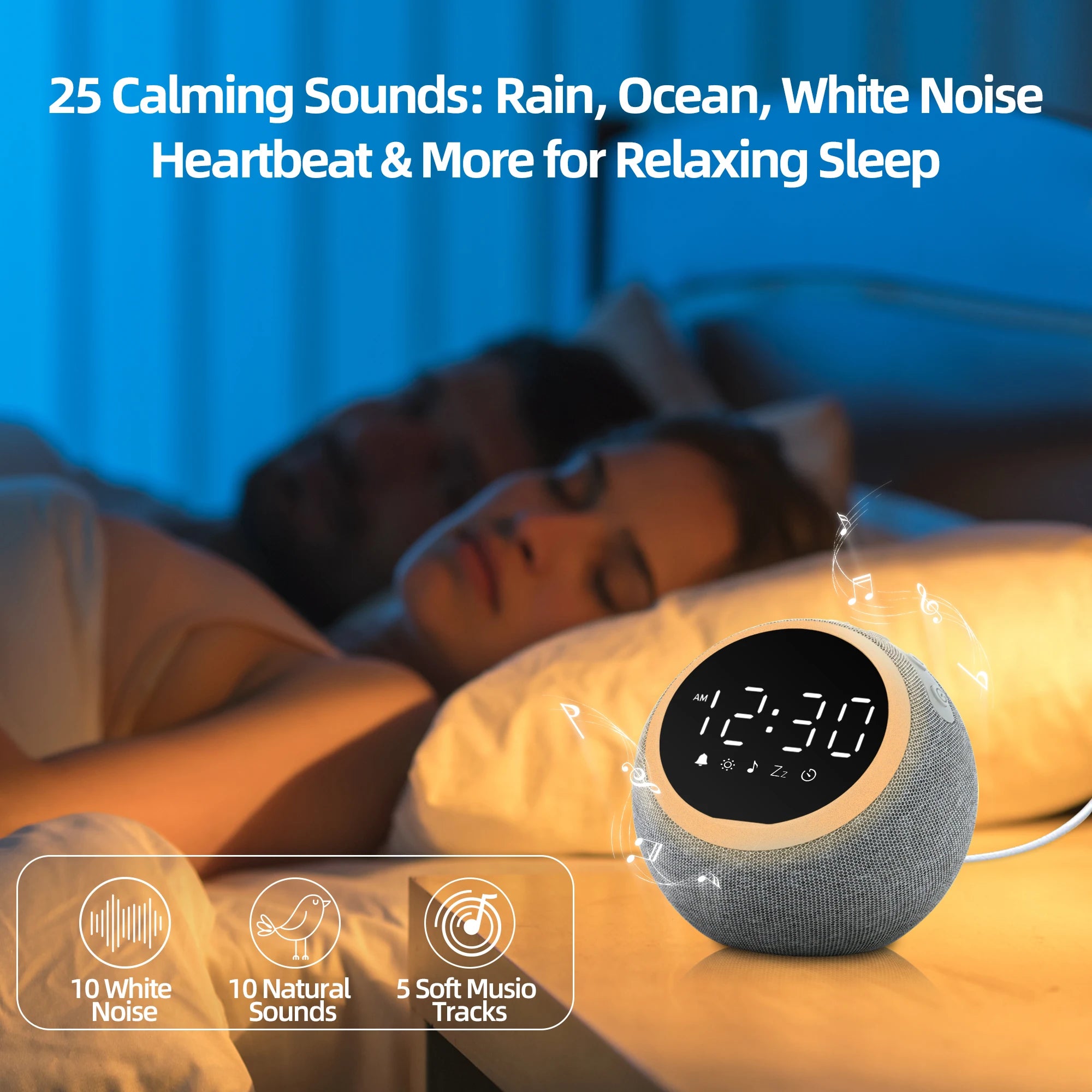 White Noise Alarm Clock with Night Light and Sleep Timer