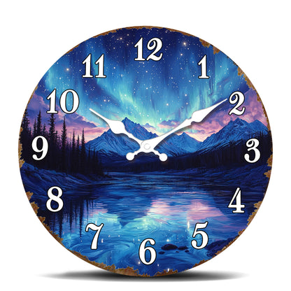 Stunning Aurora Borealis over Mountain Lake Round Wall Clock