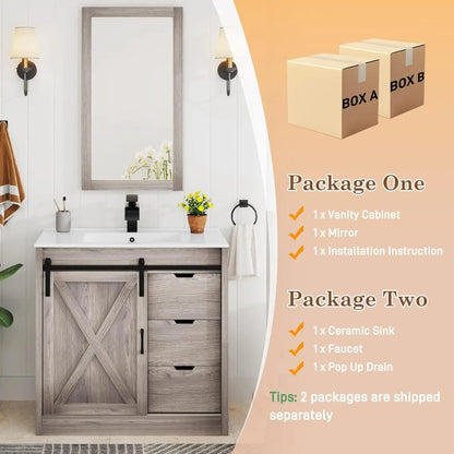 36 Bathroom Vanity Sink Faucet Mirror Farmhouse Cabinet Barn Door Drawers Bath Storage Grey, Custom