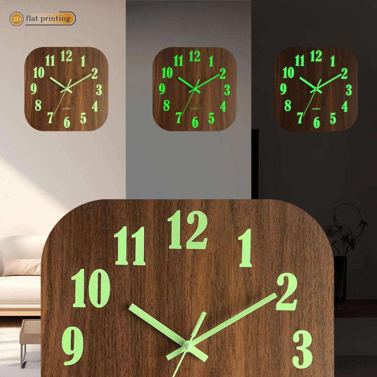 Square Glow-in-the-Dark Wall Clock with Bright Luminescent Numbers