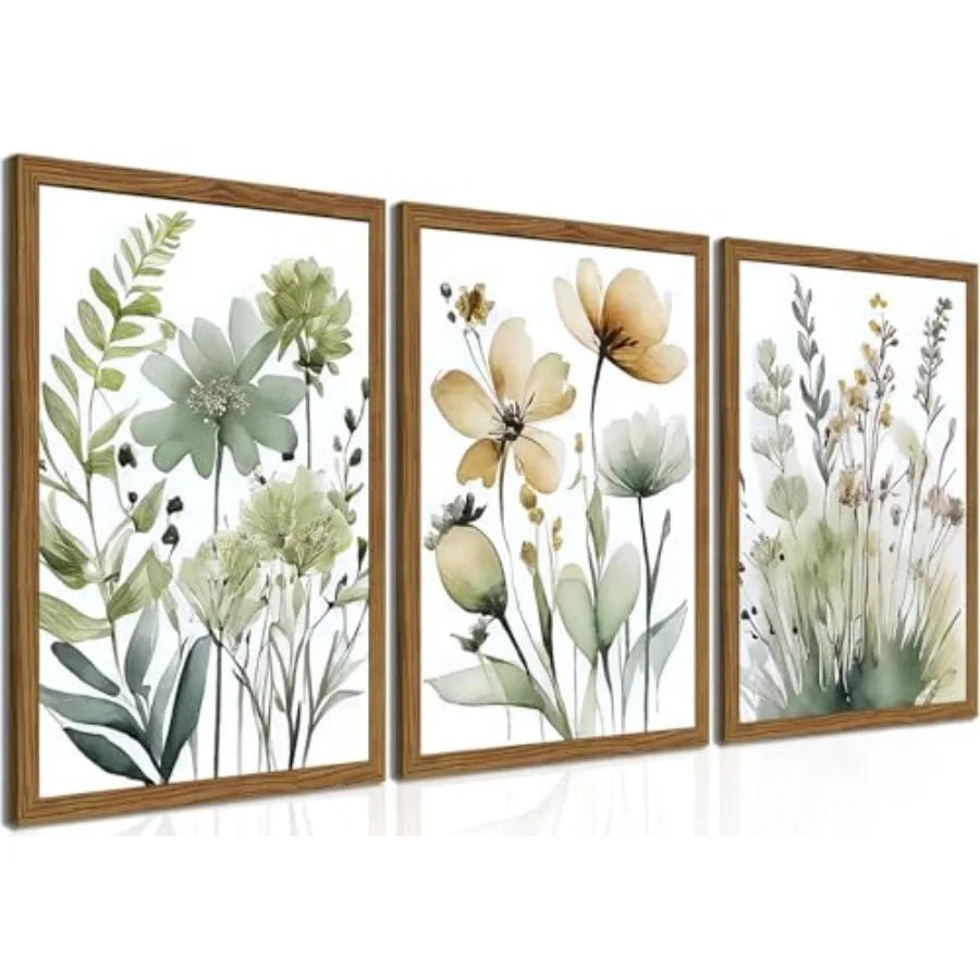 Set of 3 Boho Style Sage Green Botanical Wall Art