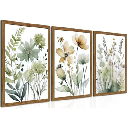 Set of 3 Boho Style Sage Green Botanical Wall Art
