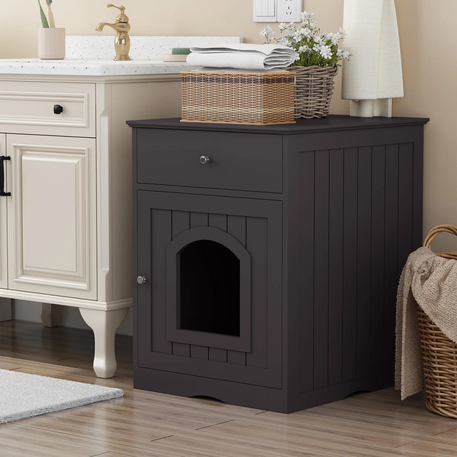 Wooden Cat House Cat with Litter Box