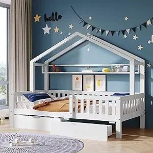 Twin Size House Bed with Storage Drawers &amp; Shel