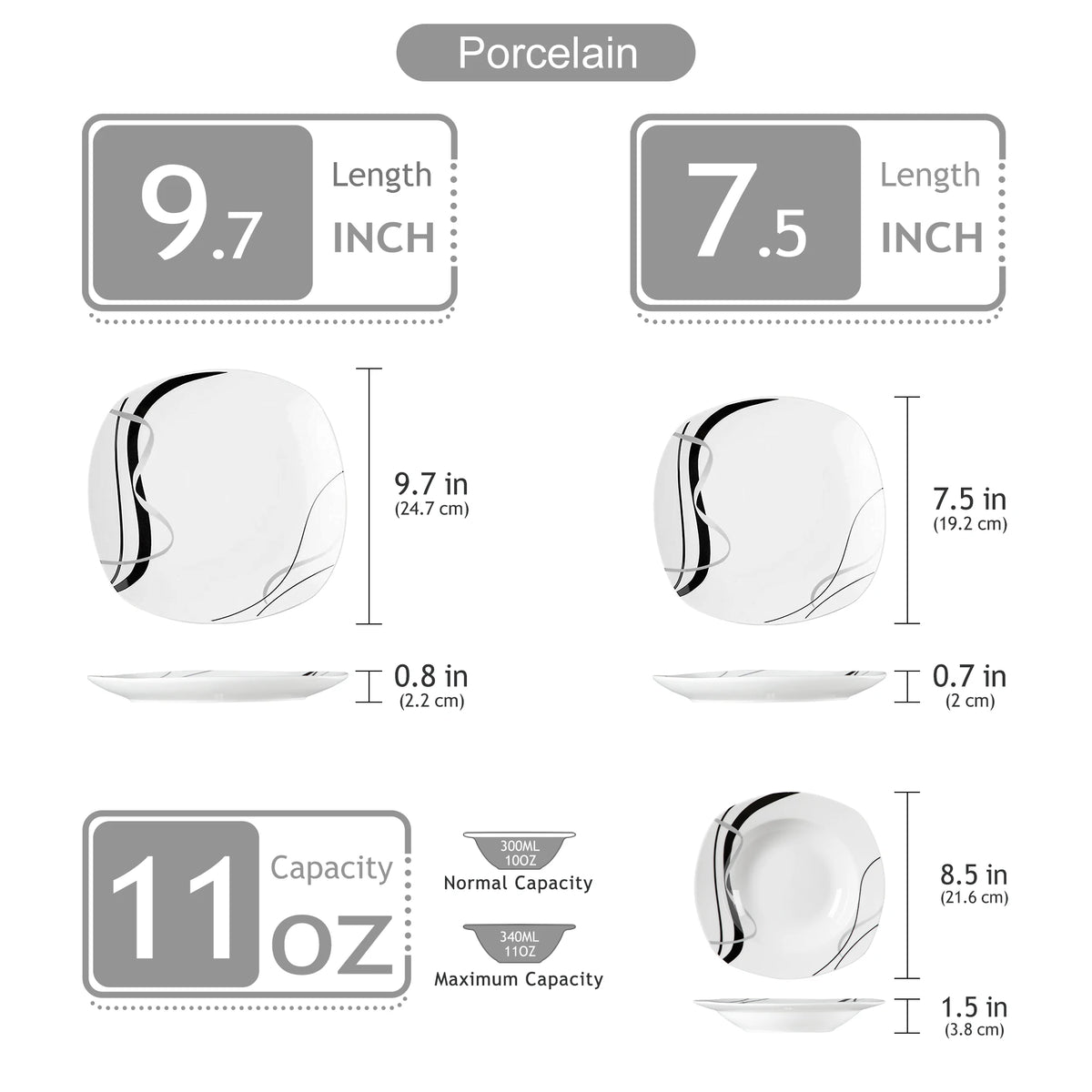 MALACASA 18 or 36-Piece Porcelain Ceramic Black Line Kitchen Tableware