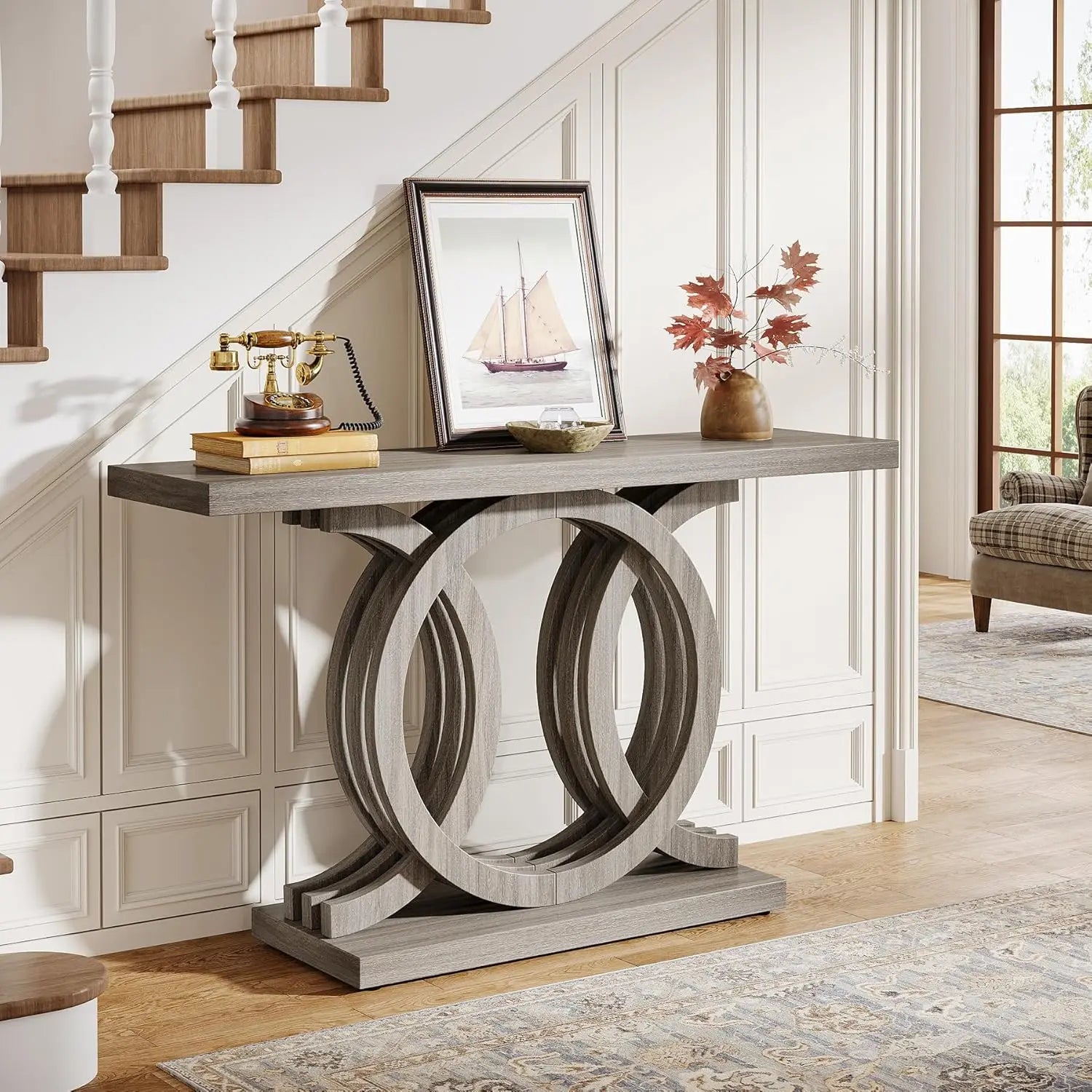 55 Inch Modern Design Console Table with Geometric Wood Base