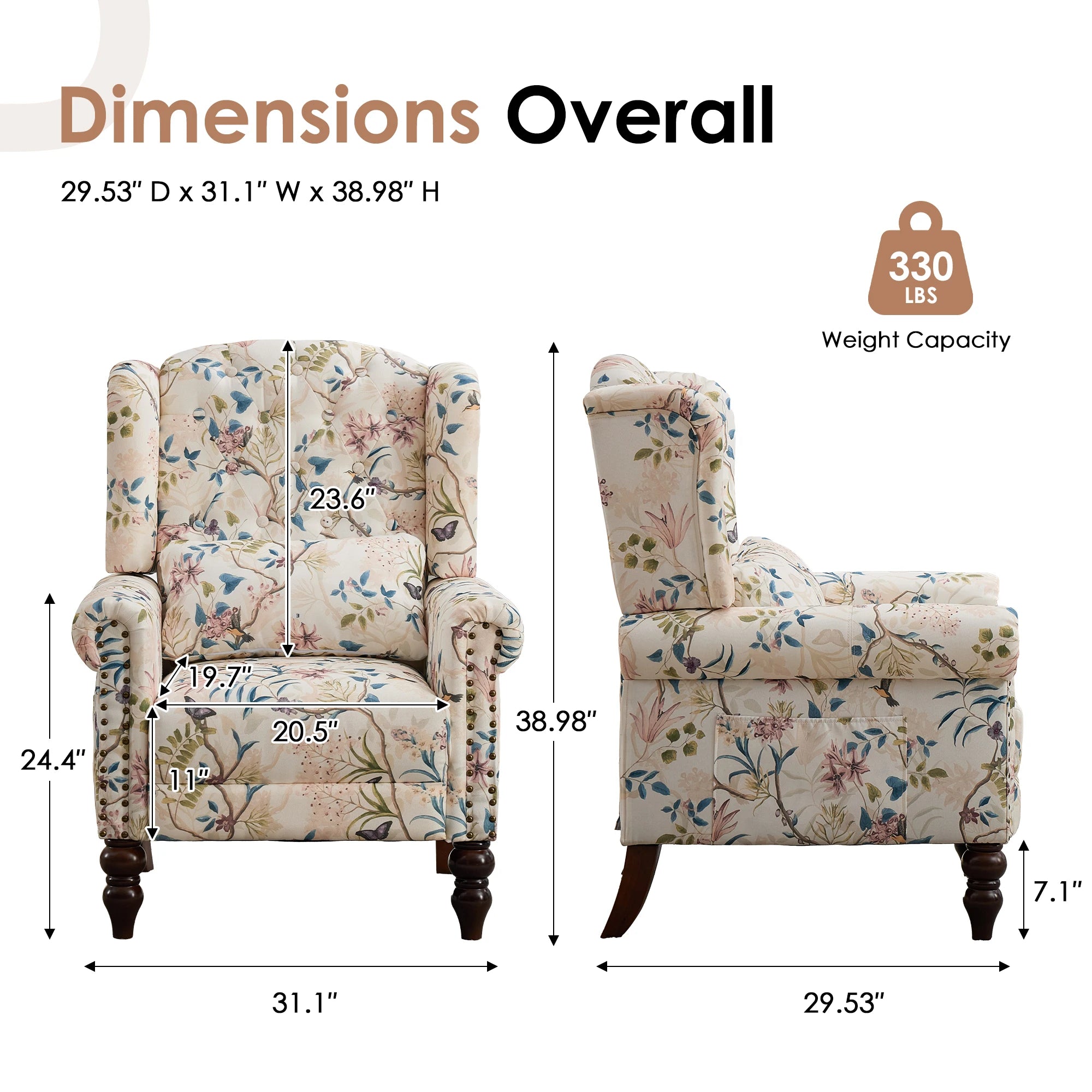 TCGBKAF Vintage Floral Fabric Wingback Accent Chair, Mid-Century Modern Upholstered Armchair, Mid Back Single Club Sofa Chair with Arms for Home