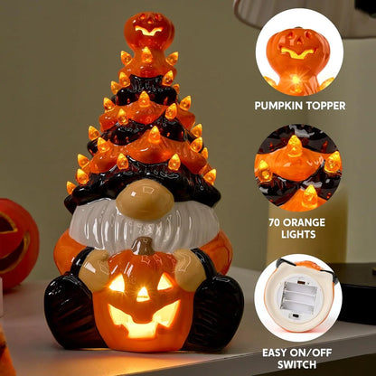 8.5 inch Tall Ceramic Pumpkin Gnome with Build-in LED Lights