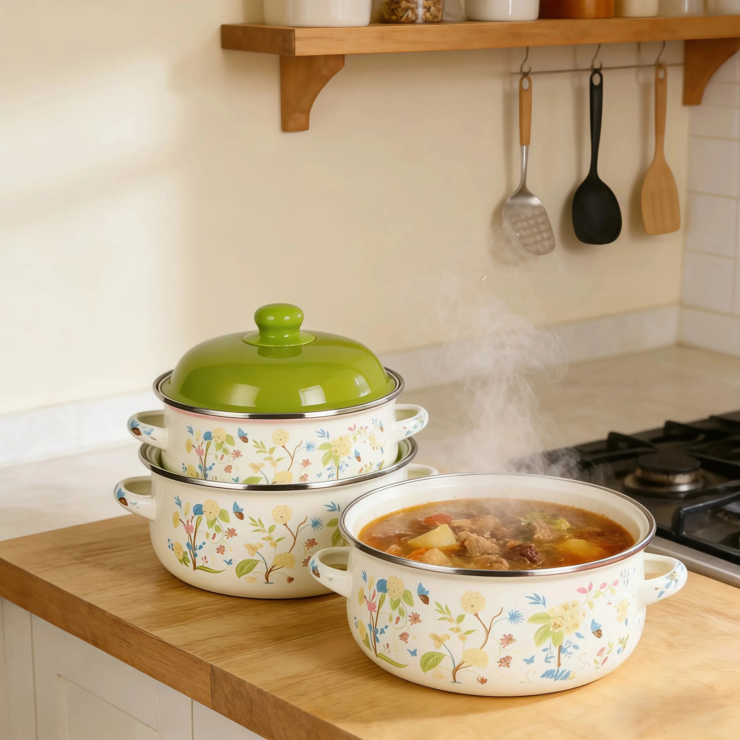 3Pcs Vintage Enamel Stock Pot Set with Lid,34oz/51oz/68oz Retro Flower Cooking Pot, Flat Bottom Stew Pot with Dual Handles for Induction &amp; Gas Stove Kitchen Use