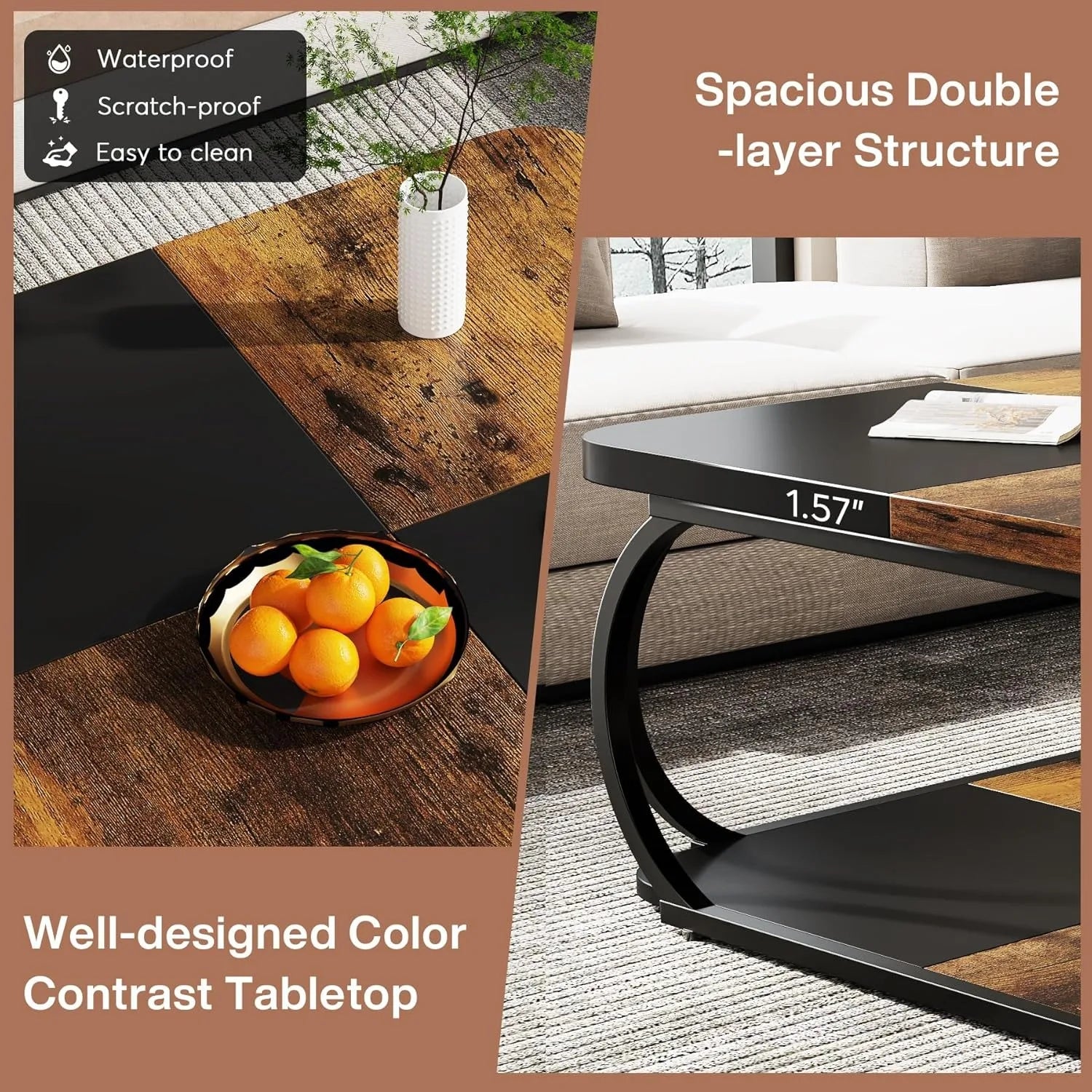 Square Coffee Table with 2 Tiers, 40 inches Low Farmhouse Coffee Table with Wood Storage Shelf for Modern Living Room