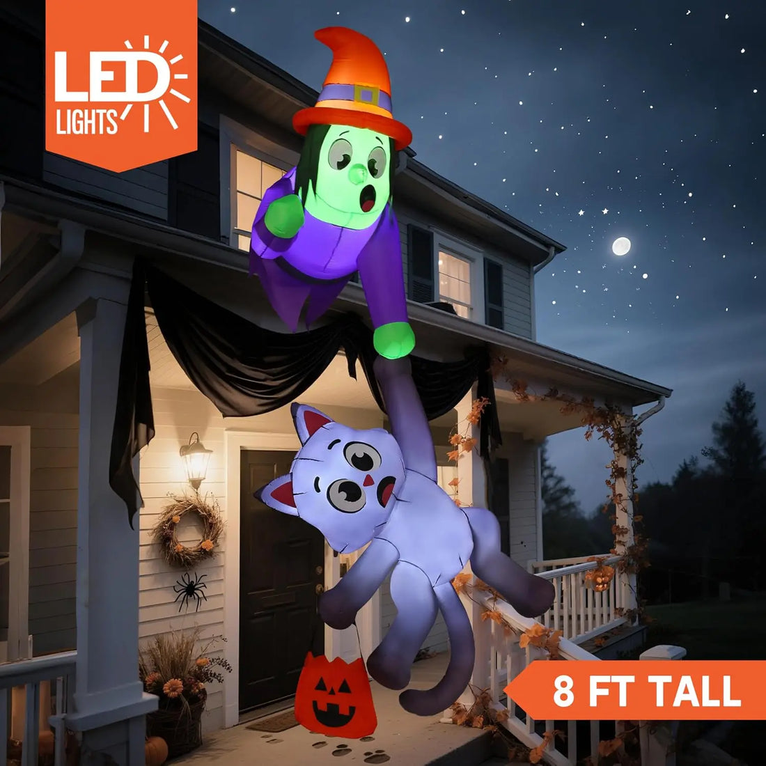 8 Foot Halloween Inflatable Witch and Black Cat Decoration