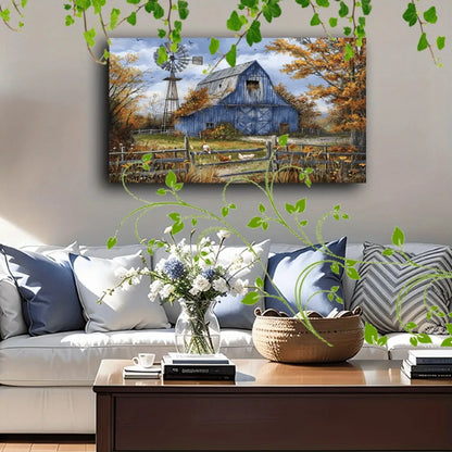 Country Barn, Windmill, Chickens and Cattle set in Autumn Wall Art