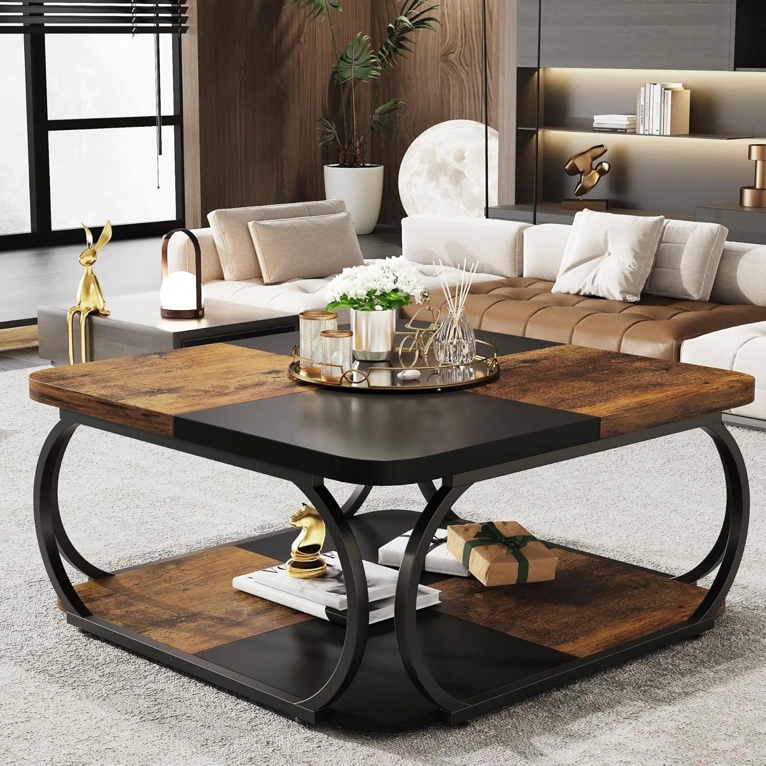 Square Coffee Table with 2 Tiers, 40 inches Low Farmhouse Coffee Table with Wood Storage Shelf for Modern Living Room