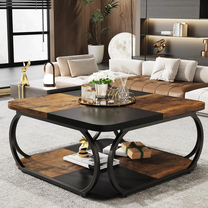 Square Coffee Table with 2 Tiers, 40 inches Low Farmhouse Coffee Table with Wood Storage Shelf for Modern Living Room