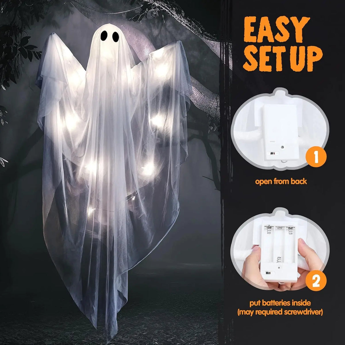 47" Halloween Hanging Light up Ghost with Spooky White LED Light