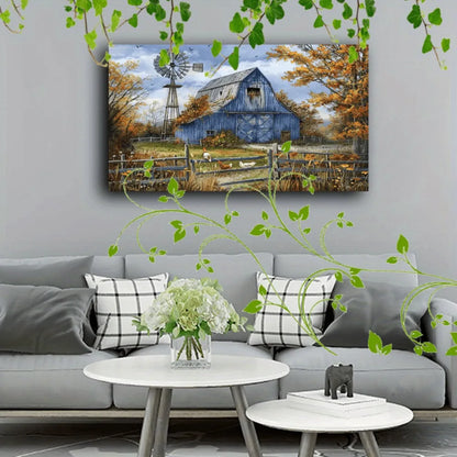Country Barn, Windmill, Chickens and Cattle set in Autumn Wall Art