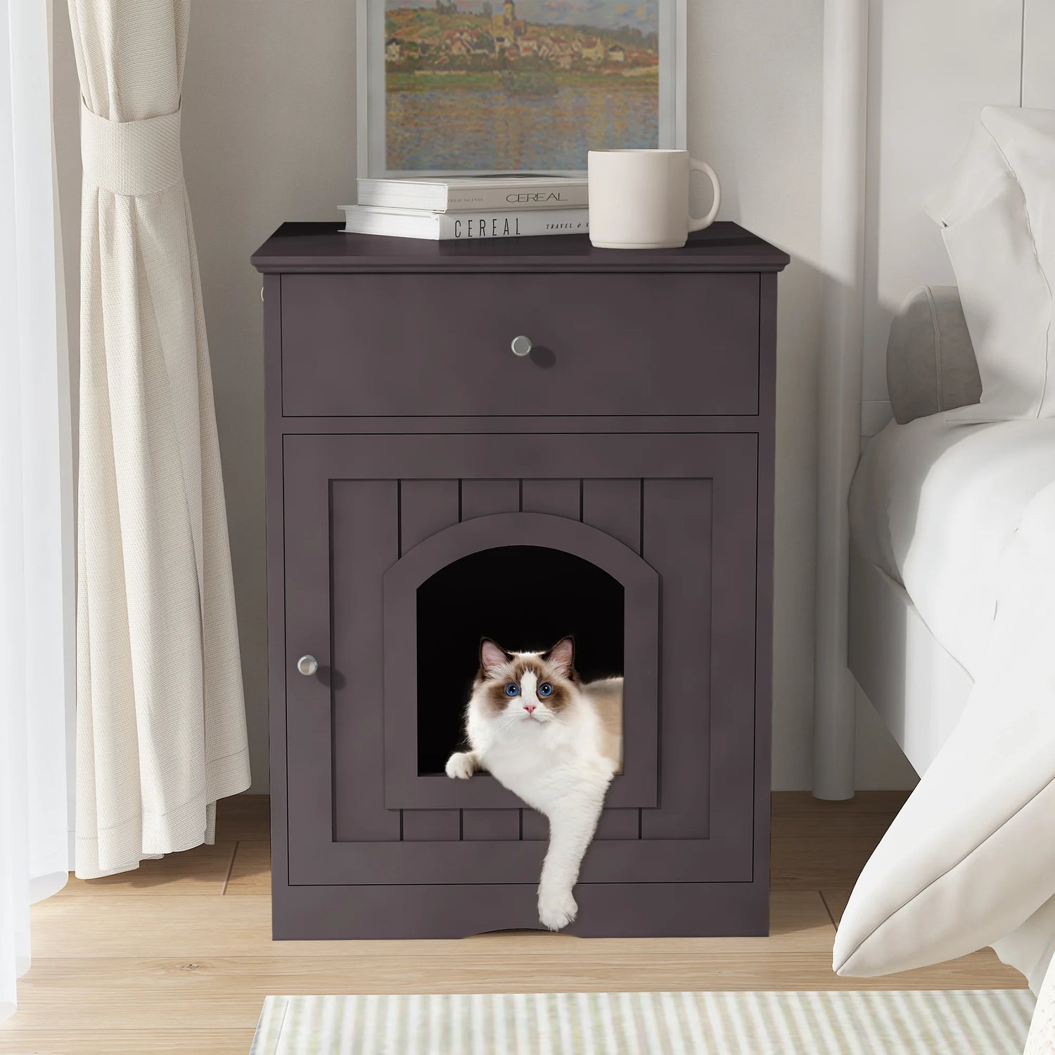Wooden Cat House Cat with Litter Box