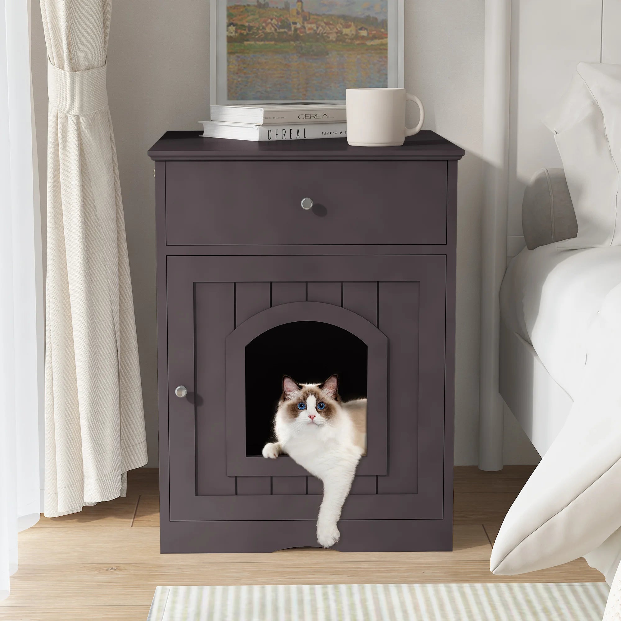 Wooden Cat House Cat with Litter Box