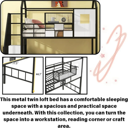 Twin Size House Loft Bed with Stairs and Storage Box