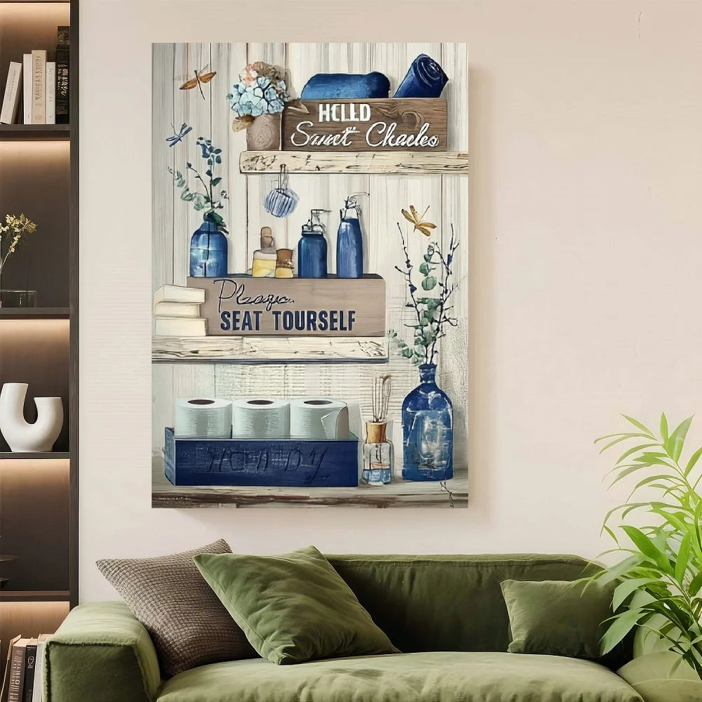 Framed Rustic Navy Blue Bathroom Canvas Wall Art