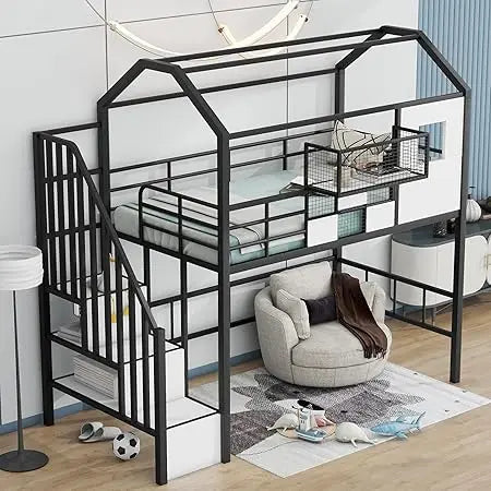 Twin Size House Loft Bed with Stairs and Storage Box